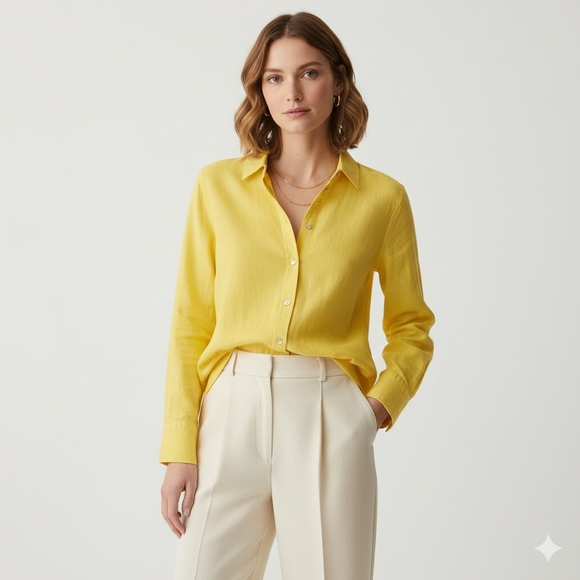 Revamped Tops - ReVamped Vibrant Yellow Linen Blend Button Down Shirt Large